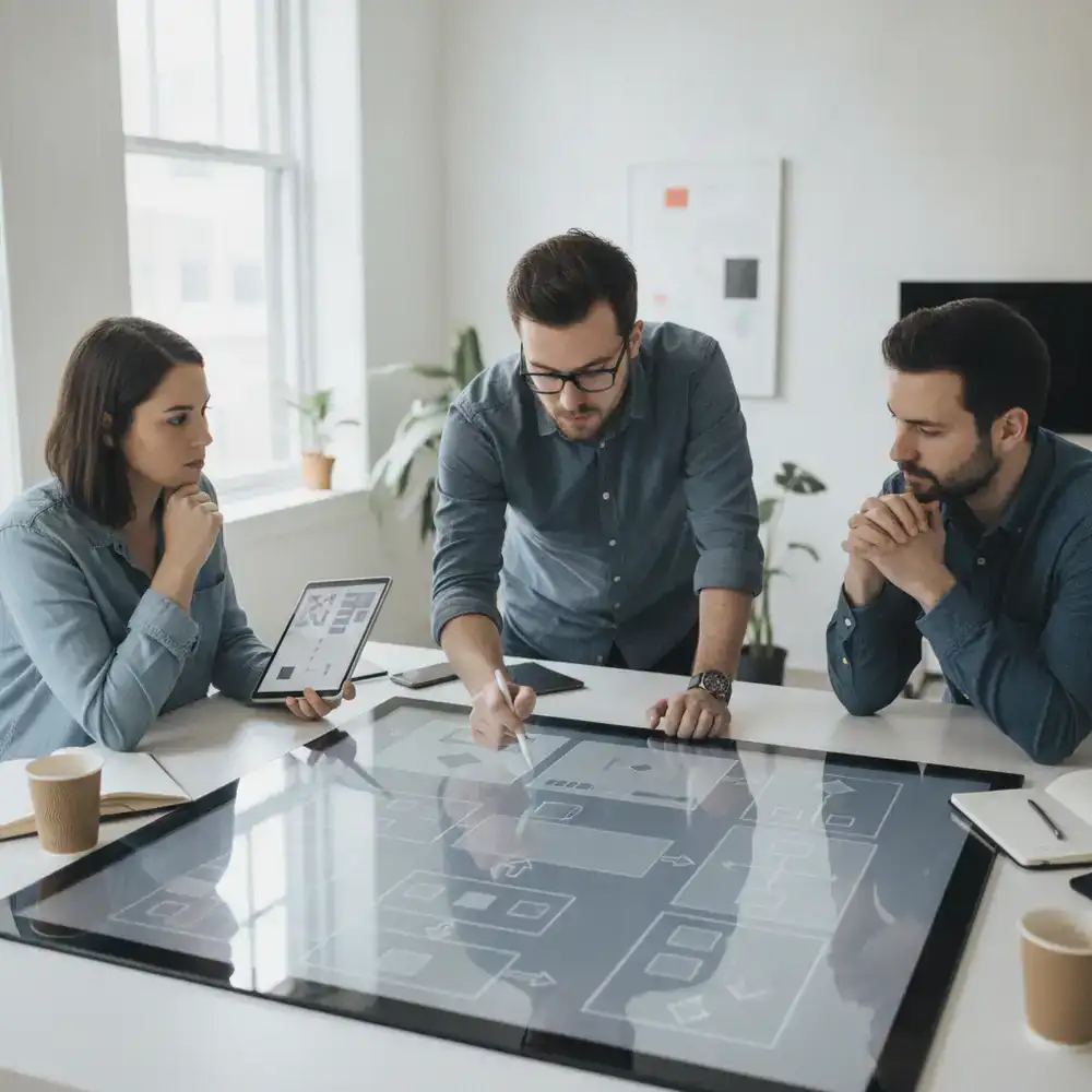 Game developers reviewing idle clicker wireframes