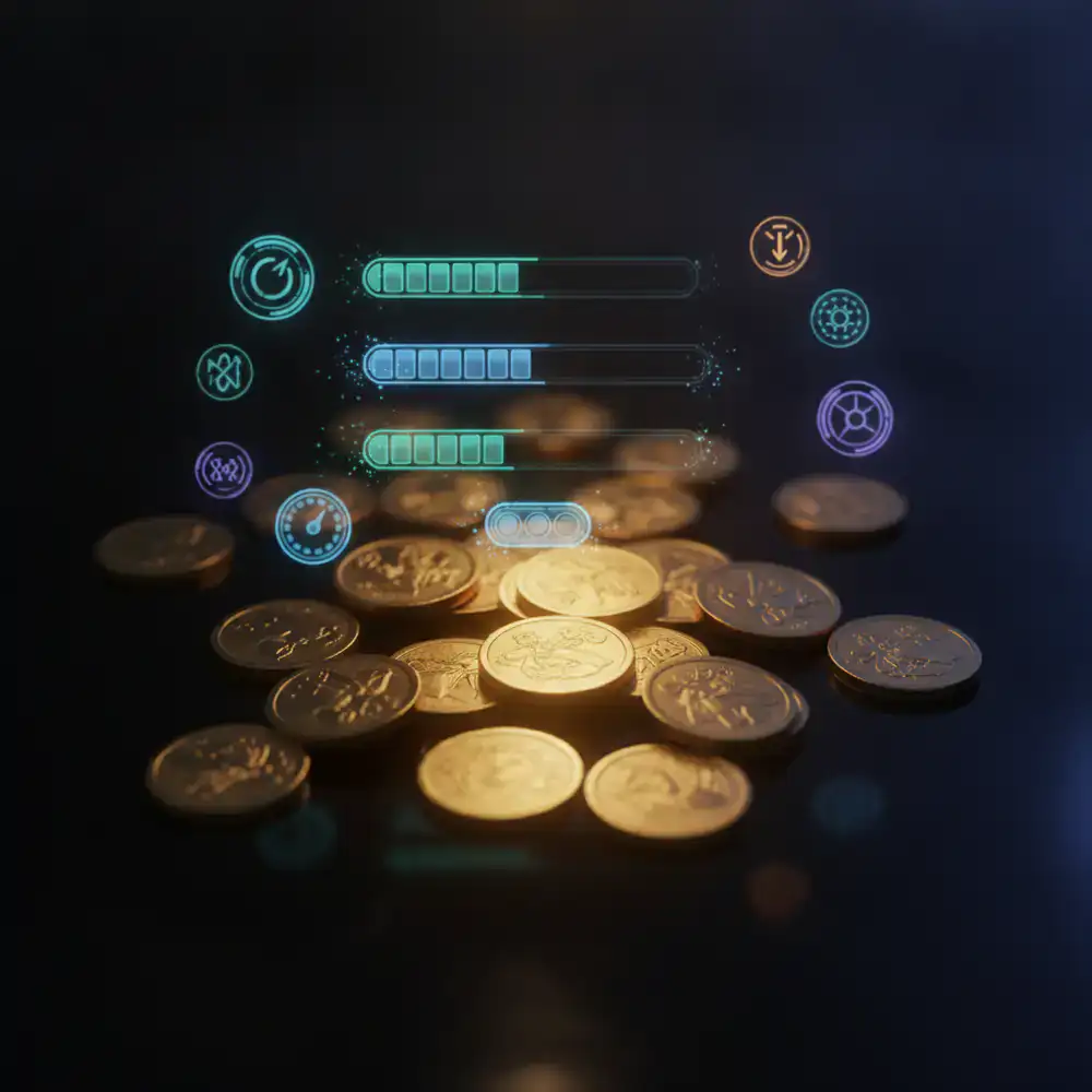 Golden coins, progress bars, and game UI elements glowing on a dark surface