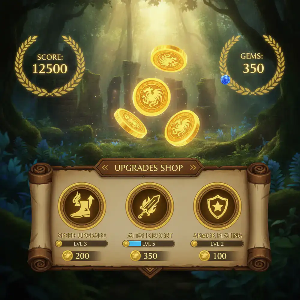In-game screenshot showcasing the golden coin, point counters, and upgrade shop