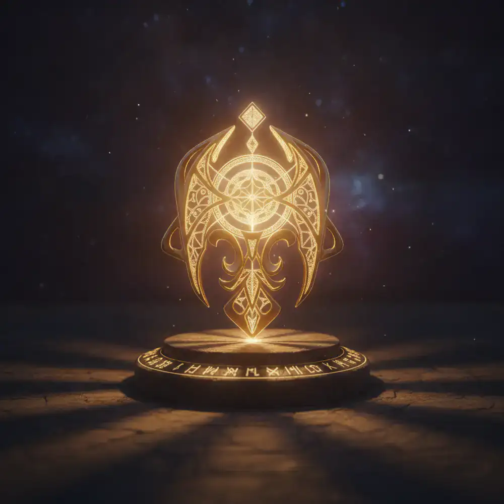 Glowing golden prestige artifact on a cinematic dark background